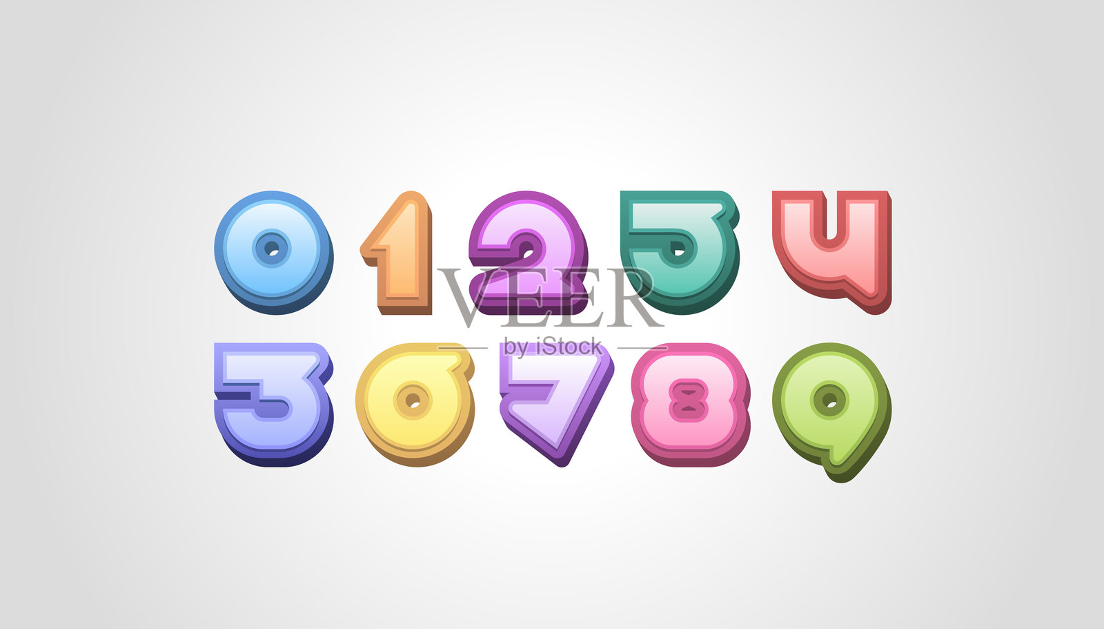 卡通风格的彩色3D数字组合，采用儿童艺术风格制作的多彩数字0到9插画图片素材