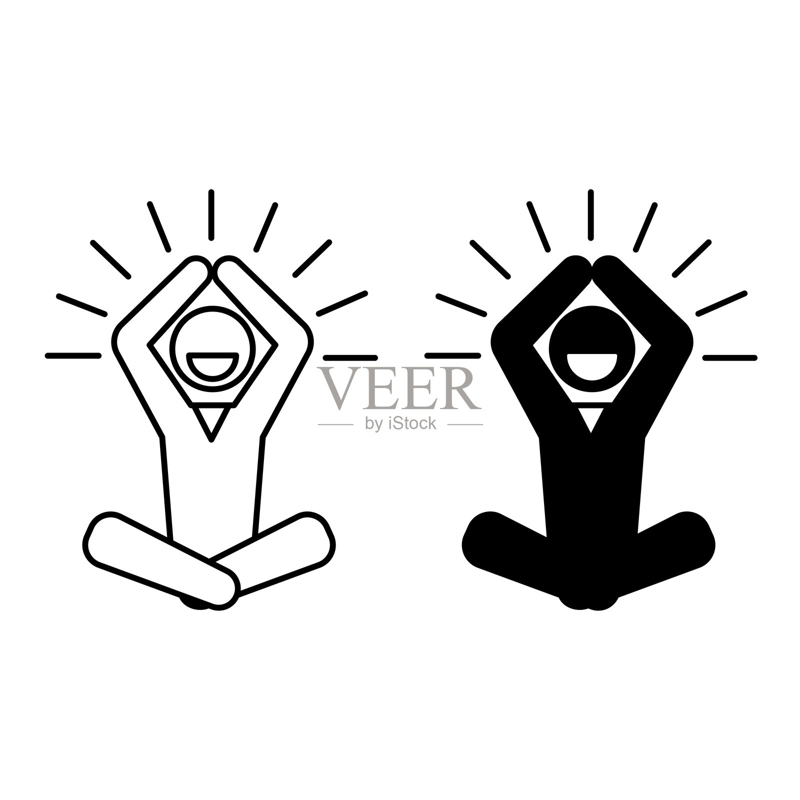 正念图标。黑白矢量插图。专注于体验当下时刻。坐在莲花坐姿的男人，双手举起，面带微笑。心理健康概念。插画图片素材