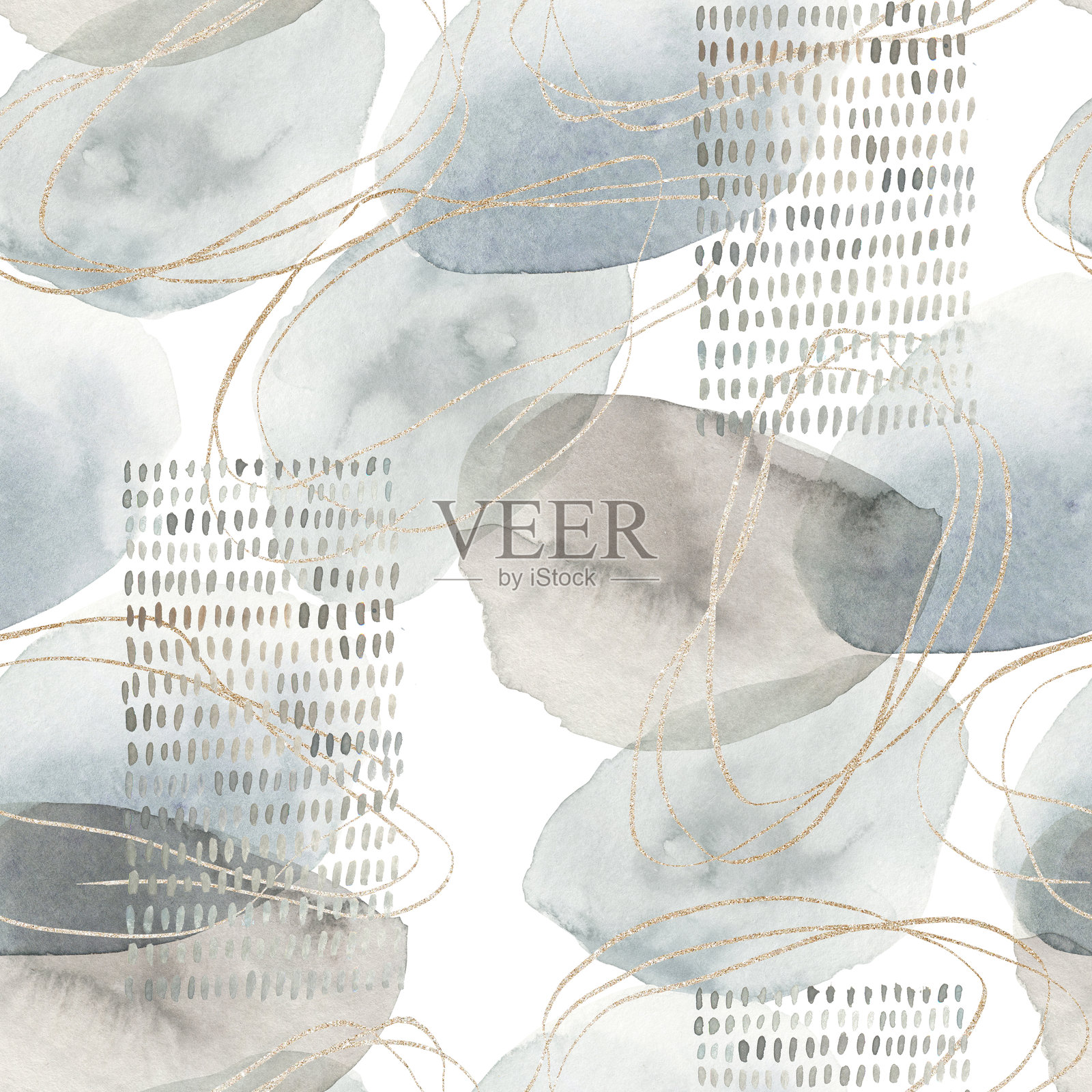 抽象北欧风格印刷，带有几何形状和金色元素，背景为白色。水彩无缝图案。手绘大理石插图。混合媒体艺术。插画图片素材