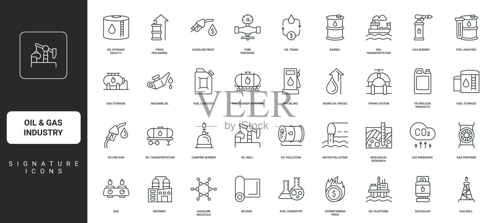 石油和天然气行业，桶和储罐，炼油厂，燃料站线条图标集插画图片素材