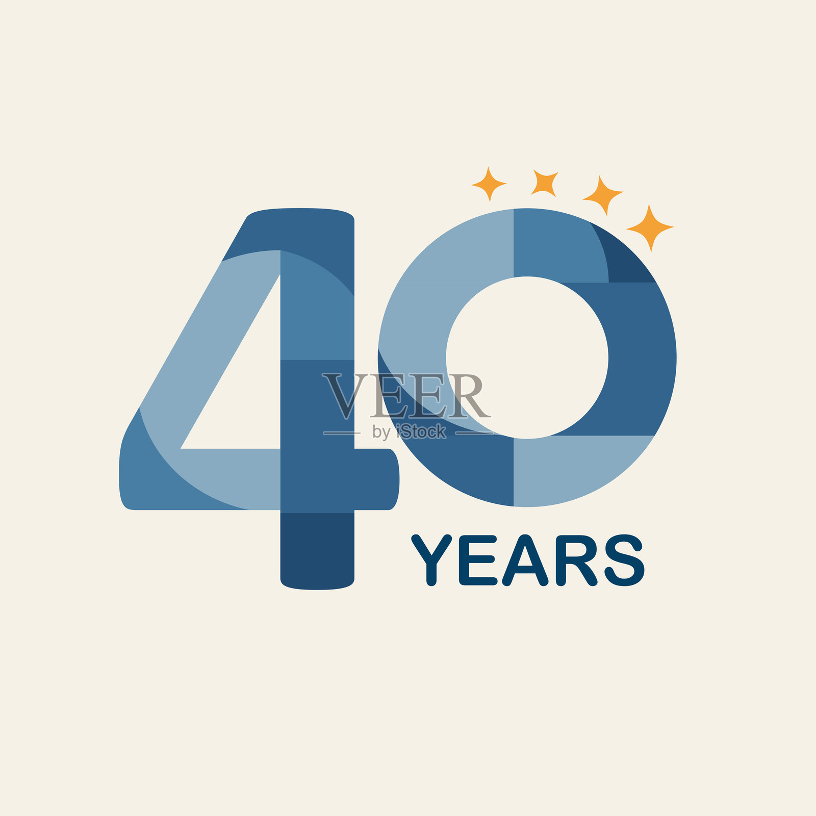 40周年活动、庆祝、纪念日标志，色彩丰富的马赛克，几何图形，简约蓝色调，扁平设计，星星，浅色背景插画图片素材