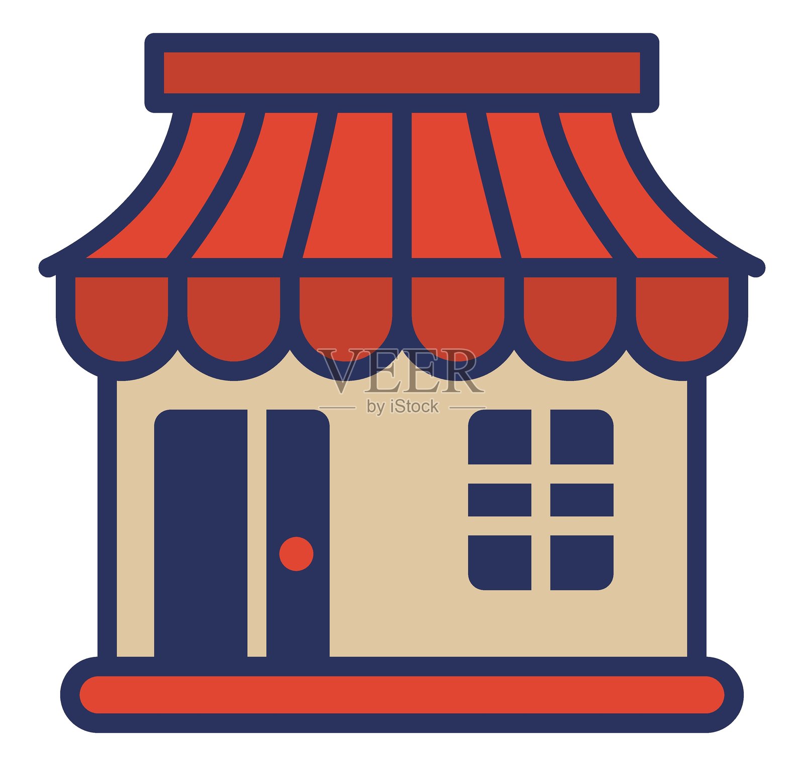 迷人的平面图标插图，展示了一个带有遮阳篷的店面。非常适合用于小型企业、地方商业、零售或社区的插图。设计简洁明了。插画图片素材