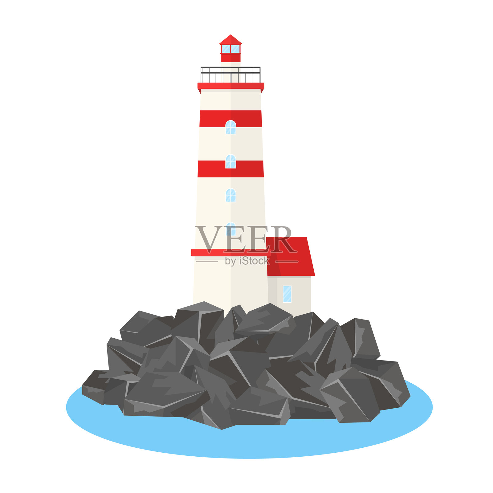 灯塔图标，岩石上的房屋。海洋建筑。导航塔。插画图片素材