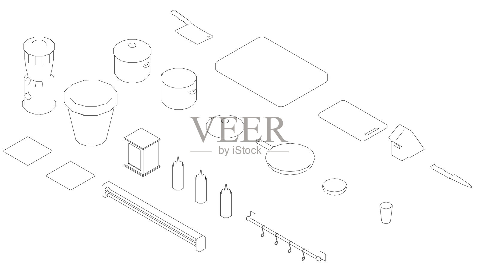 厨房用品的插图，包括一个锅、一个杯子、一个碗、一把勺子、一把刀和一把叉子插画图片素材