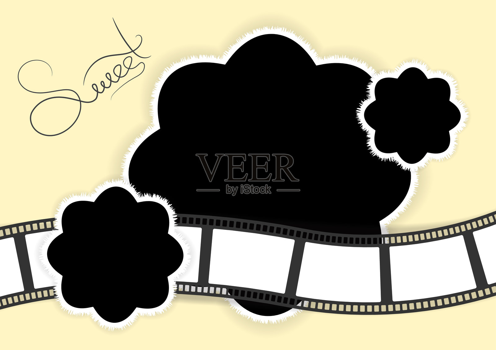 复古剪贴簿布局，带有胶卷条和花卉元素。适合婴儿相册、家庭回忆或创意项目的奇幻设计。复古风格。插画图片素材