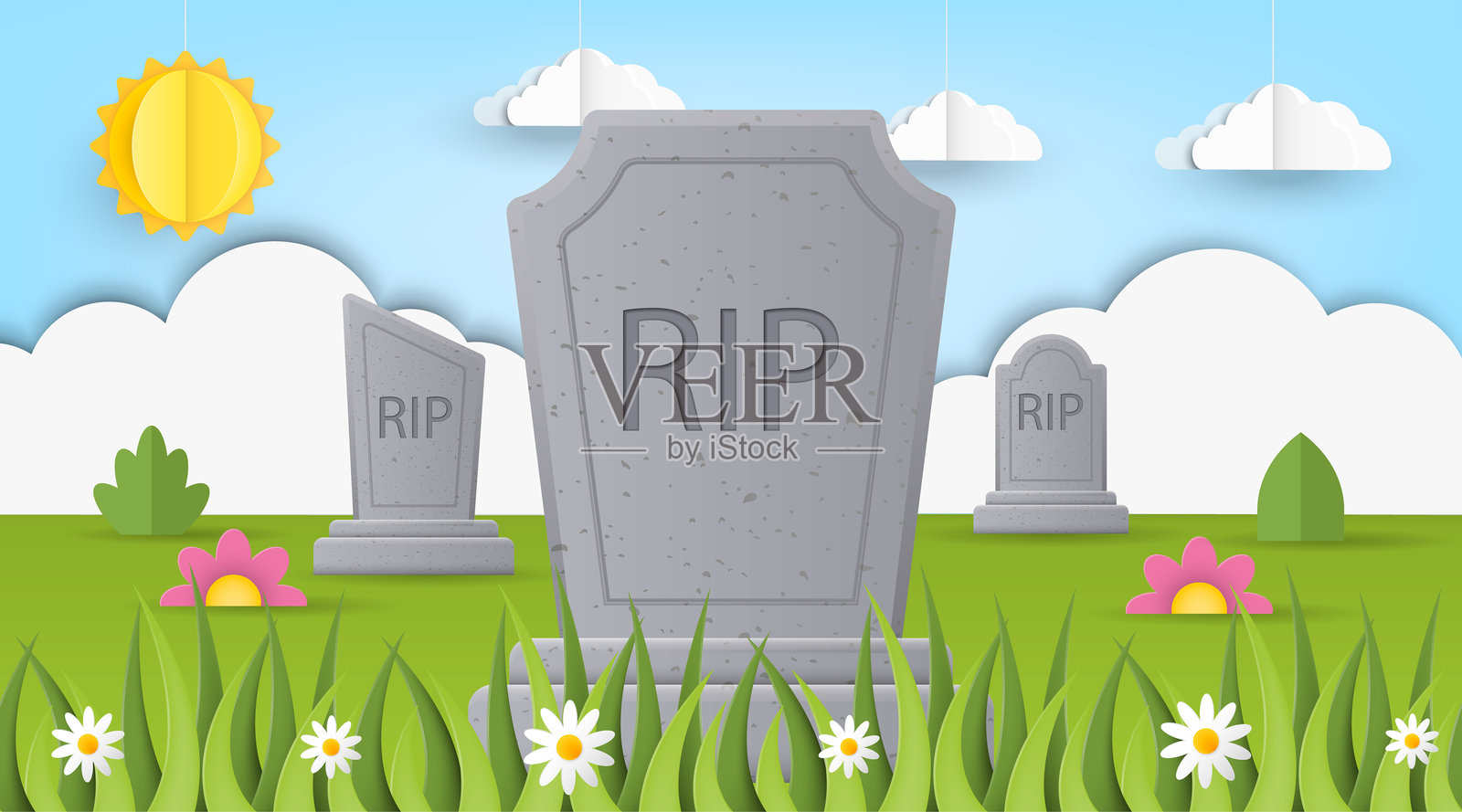 明亮而活泼的墓地矢量插图，展示了墓碑、盛开的花朵和阳光明媚的天空，天空中有纸风格的云朵。卡通墓地插图。葬礼卡通背景。插画图片素材
