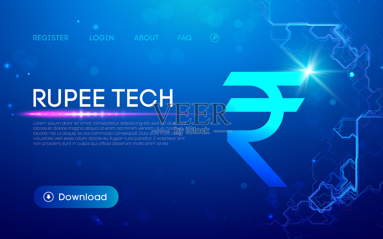 数字卢比技术界面，发光的印度货币符号，未来金融背景，金融科技网络连接插画图片素材