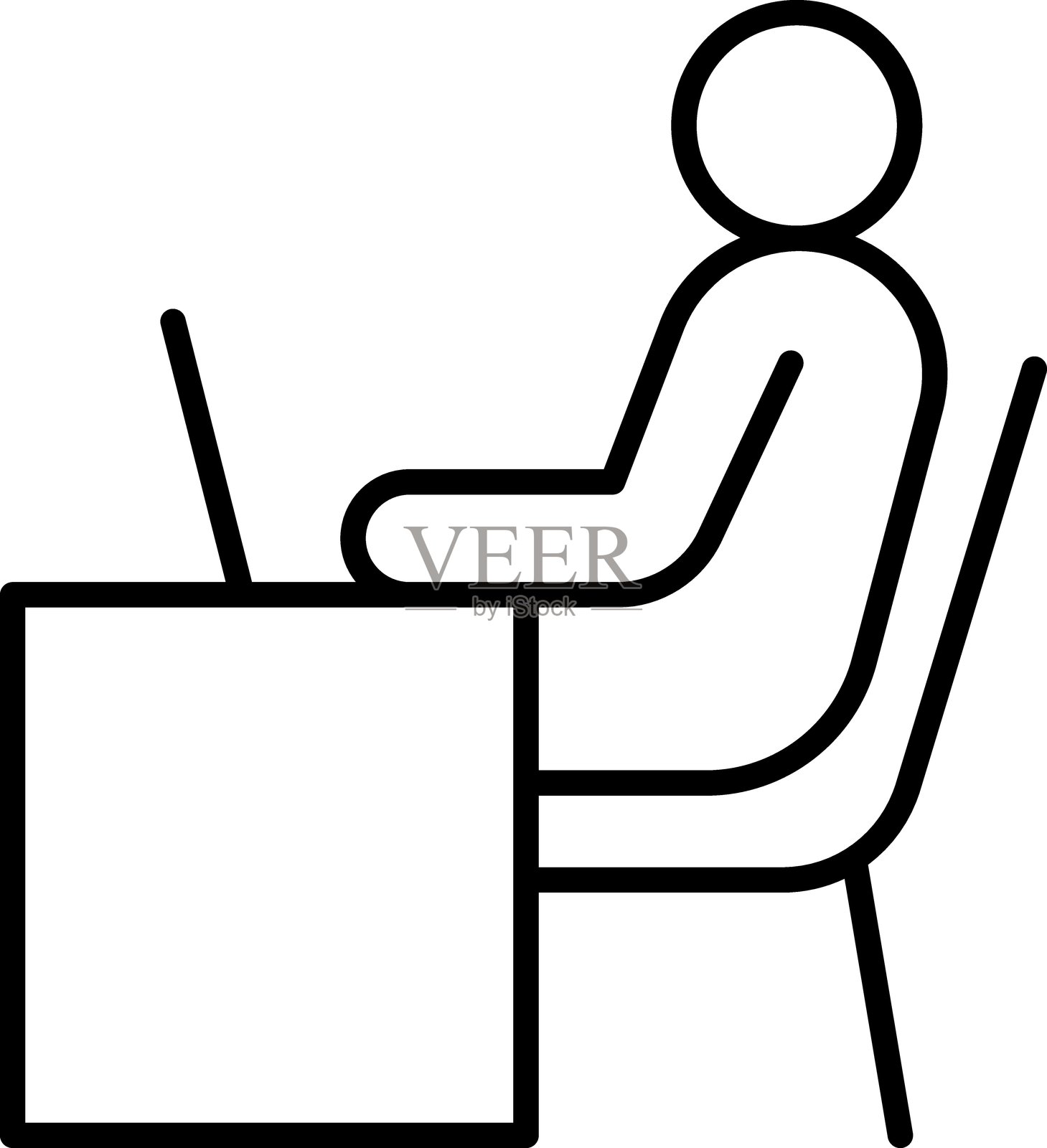 极简风格的插图，描绘一个人坐在桌子前使用笔记本电脑，线条简约。插画图片素材