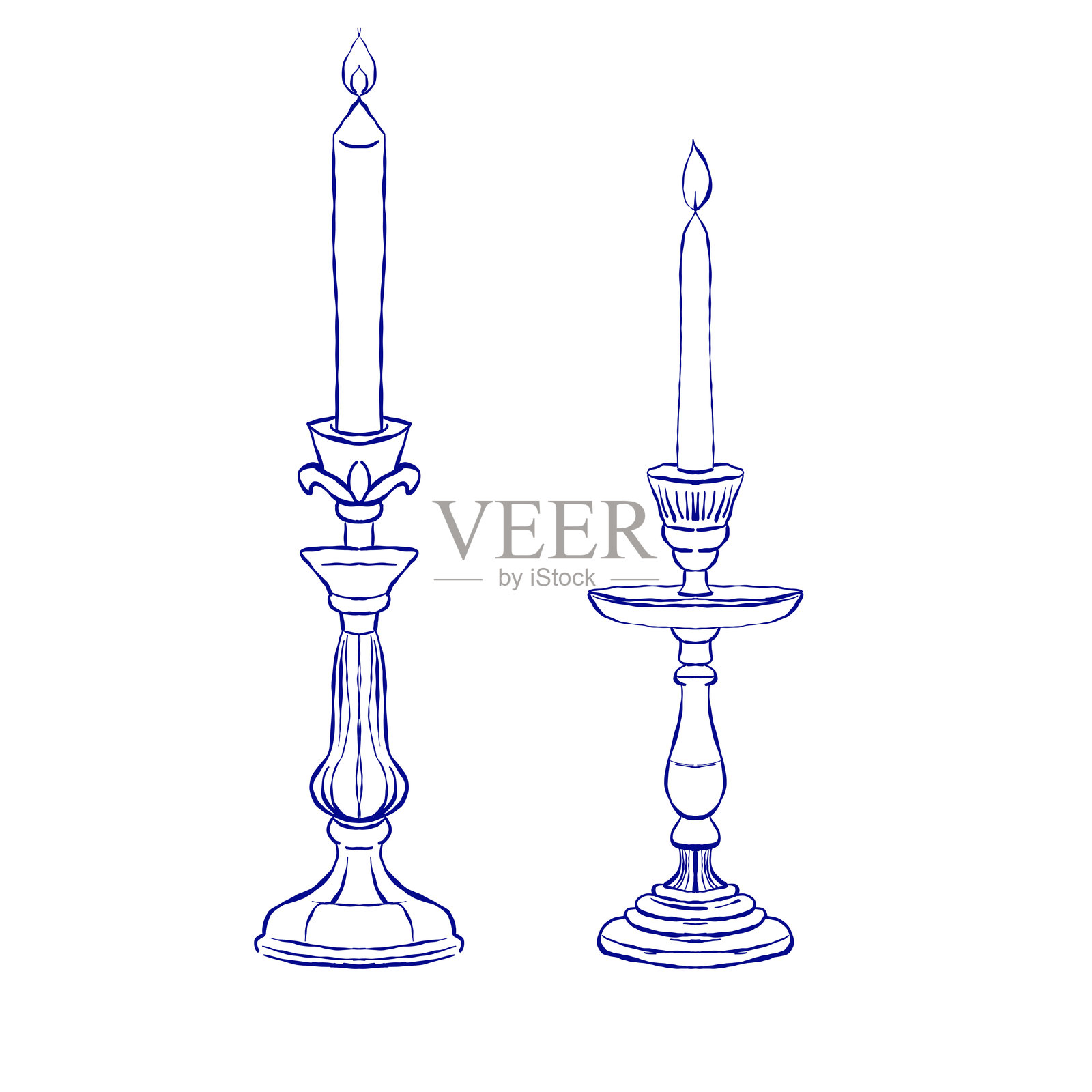 两只优雅的蜡烛台，蓝色素描风格的火焰插画图片素材