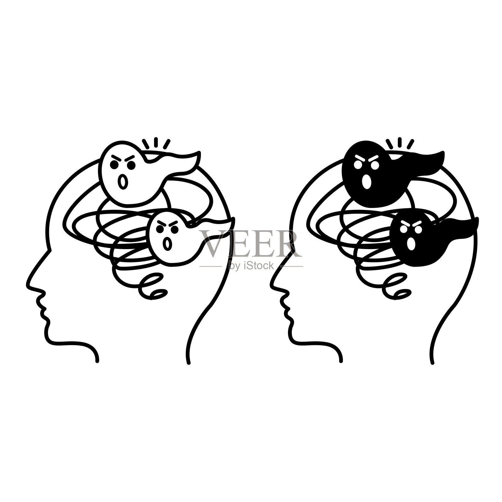 精神分裂症图标。黑白矢量插图。心理疾病、幻觉、精神病、语言障碍。心理健康概念插画图片素材