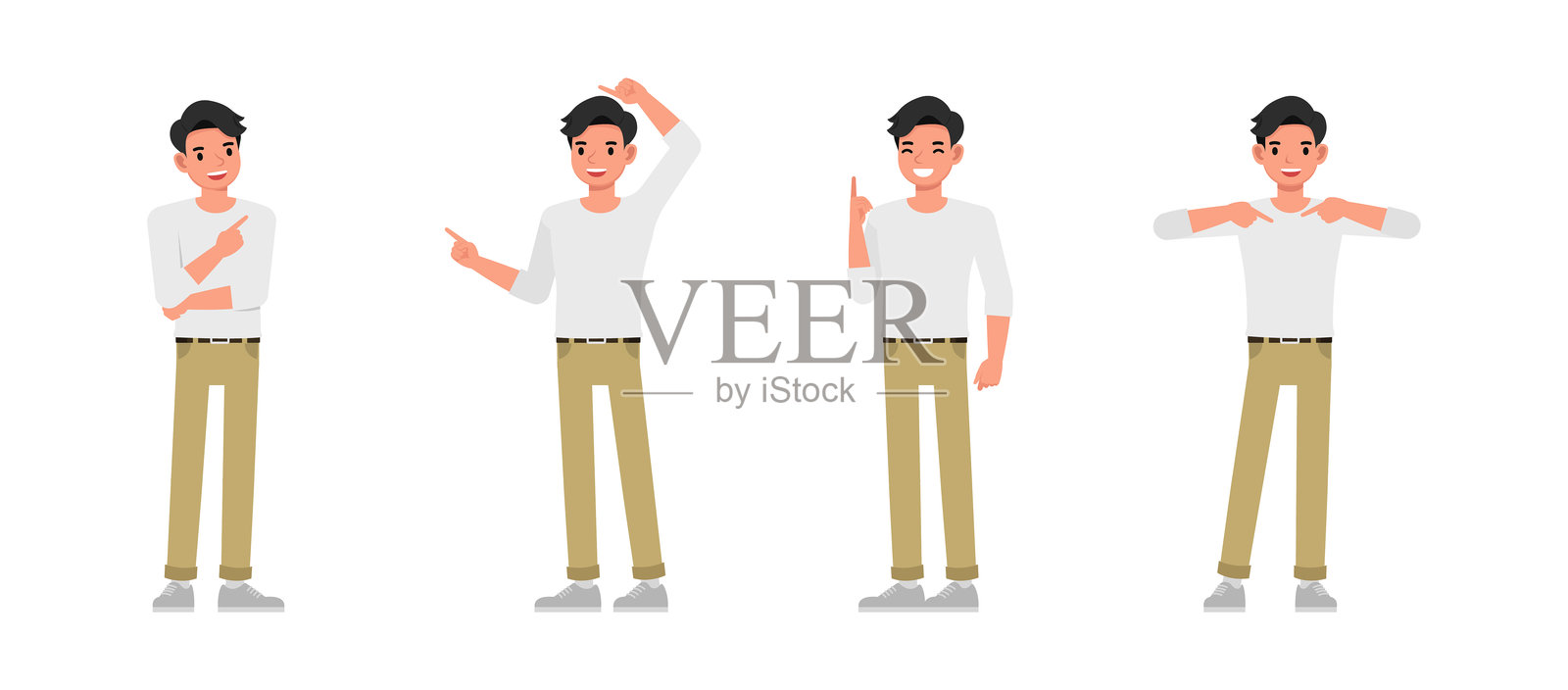 穿白衬衫的男性角色。男子指着某处。矢量插图卡通设计。插画图片素材