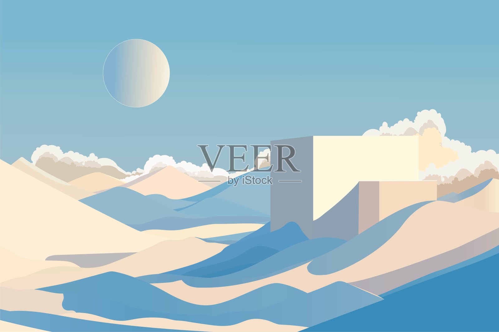 蓝色调的沙城剪纸风格与月亮。插画图片素材