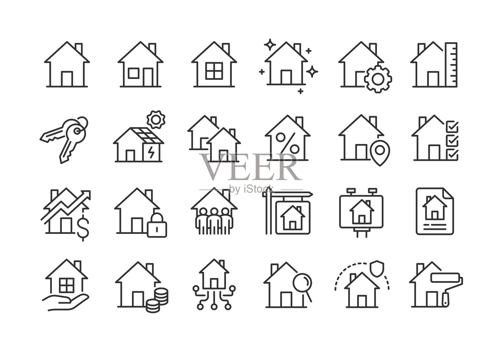房屋线条图标。像素完美。可编辑的线条。插画图片素材