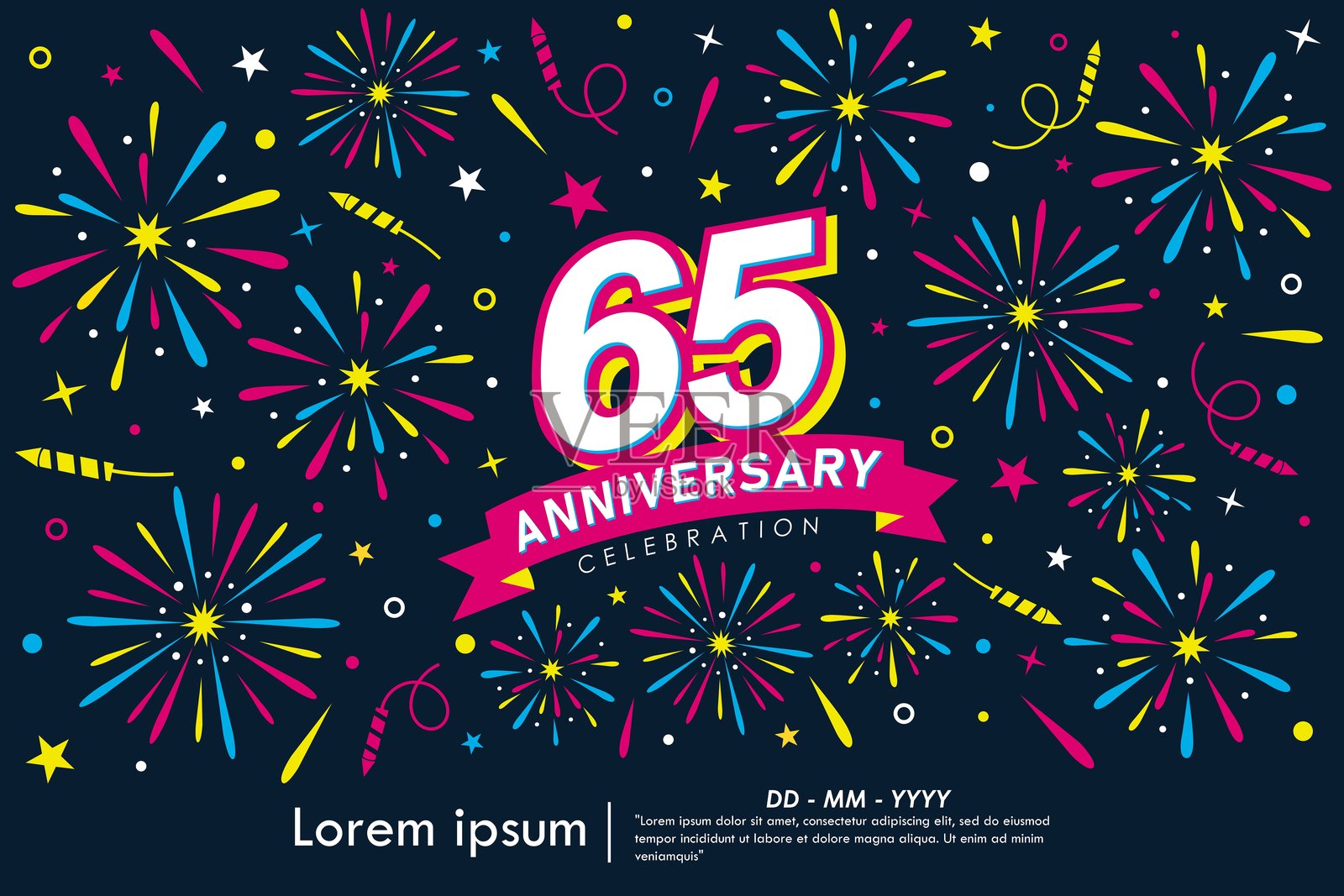 65周年庆典徽章。祝贺周年纪念的标志，配有五彩缤纷的烟花、星星闪烁和丝带。适用于网页、传单、海报、贺卡的矢量插图设计模板。插画图片素材