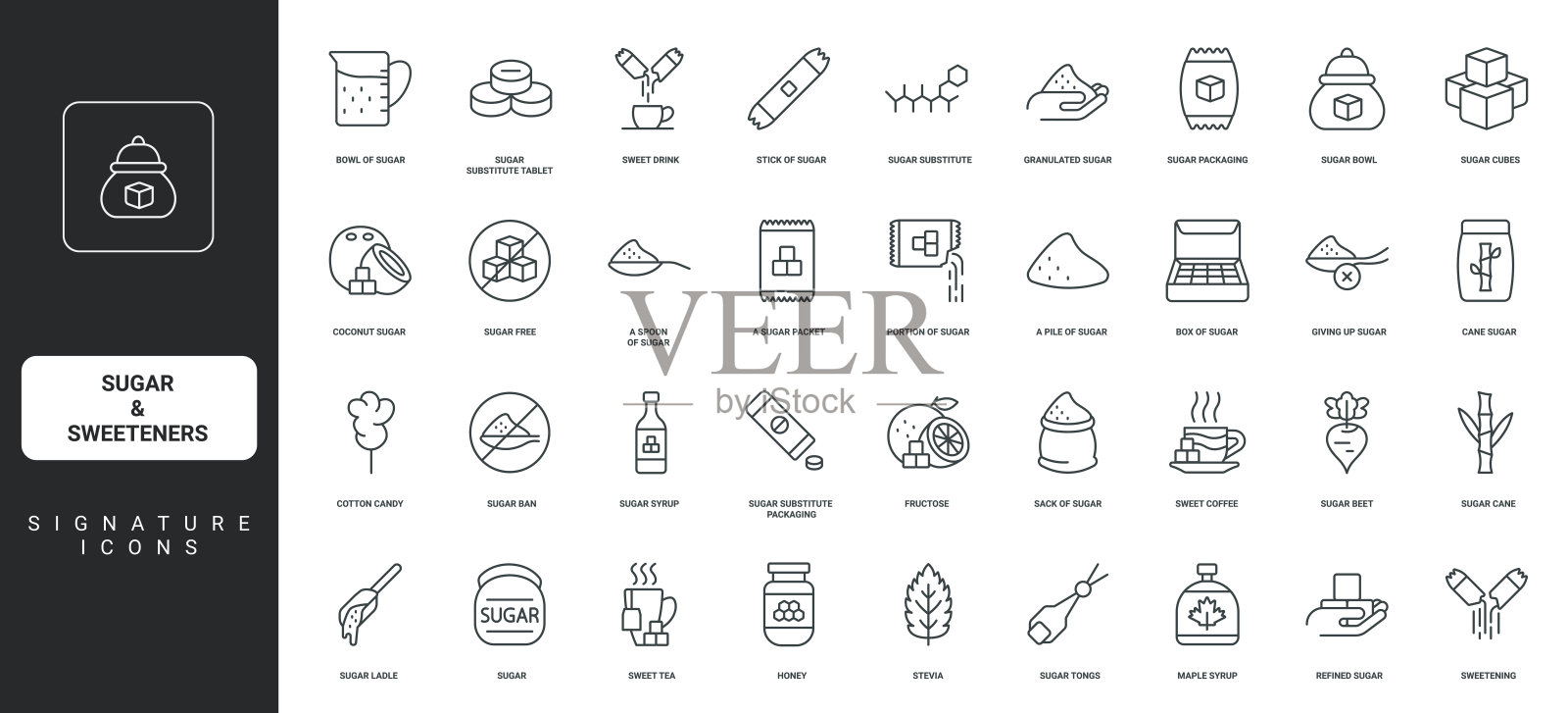 咖啡或茶用的糖和甜味剂，袋子、碗、勺子的线条图标集插画图片素材