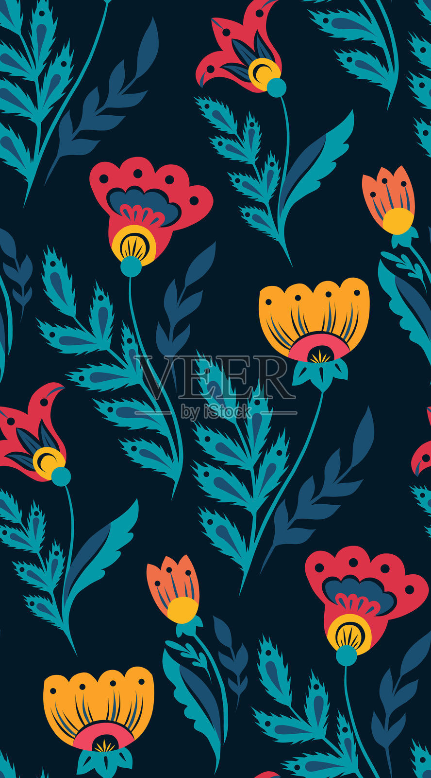 传统风格的花卉矢量民俗艺术无缝图案，背景为深色。装饰性的乡村纹理，带有野花。插画图片素材