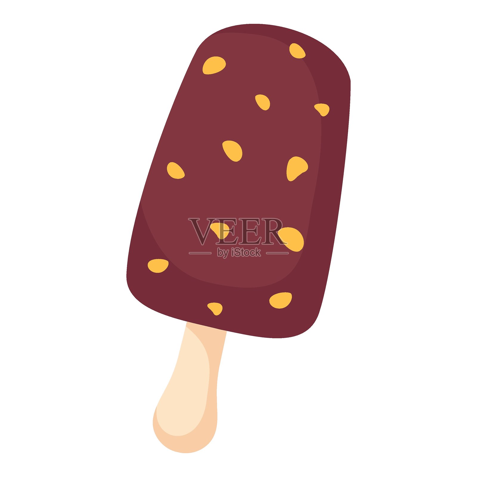 扁平矢量巧克力冰淇淋棒，配有坚果，背景为白色。卡通夏季甜点设计，适用于包装、菜单、海报或网页。插画图片素材