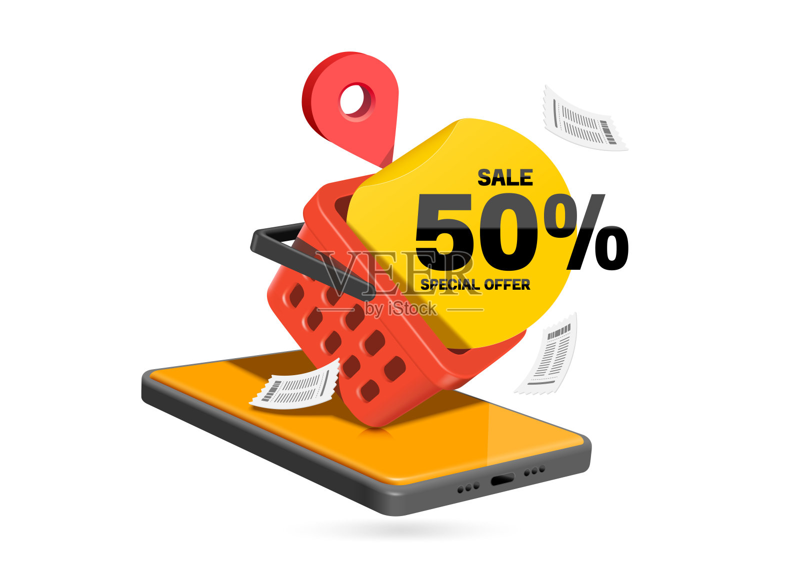 黄色圆形标签上有促销文字“特价销售50%”，放置在红色购物篮中，全部展示在智能手机屏幕上，用于在线购物广告设计。矢量3D孤立图。插画图片素材