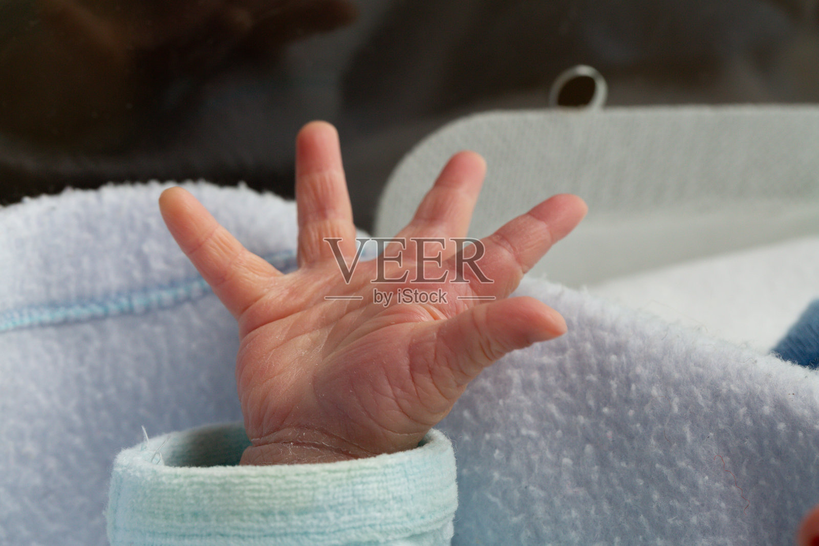 新生儿的小手从保温箱中的毯子里伸出照片摄影图片