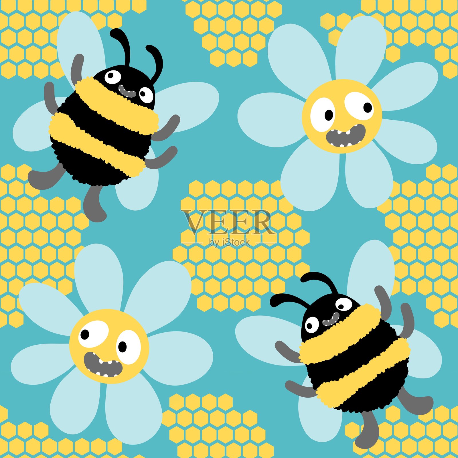 夏季蜜蜂无缝图案，适用于儿童、面料和配饰插画图片素材