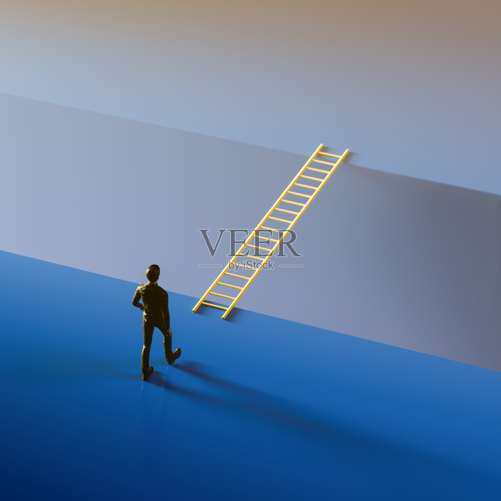 一个男人走向地板上的一个缺口，缺口由一架梯子连接。关于冒险、勇气和前进道路的概念。照片摄影图片