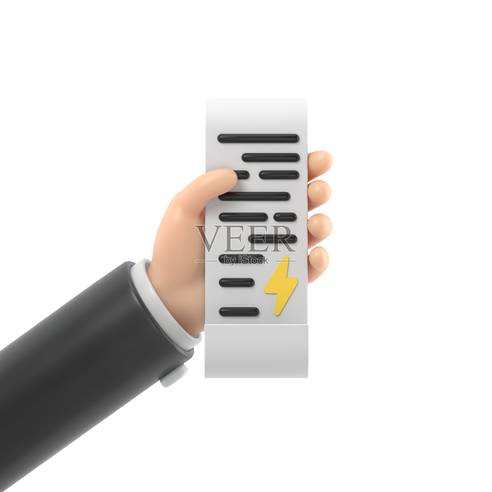 3D女性手握着支付能源账单纸质发票图标设计。卡通塑料渲染电力公用事业收据支付标志。白色背景上的3D渲染。照片摄影图片