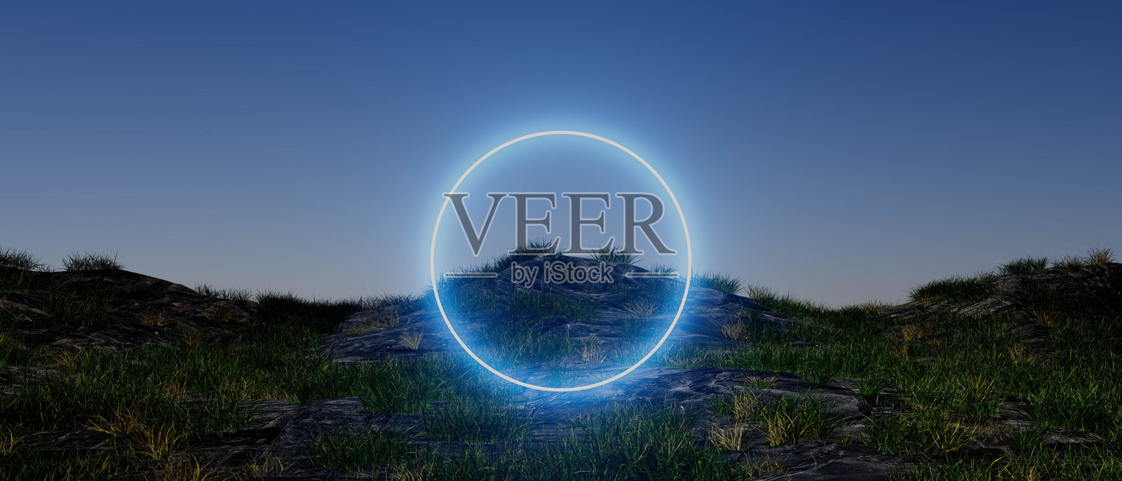 一个大型蓝色霓虹圆圈位于山丘上照片摄影图片