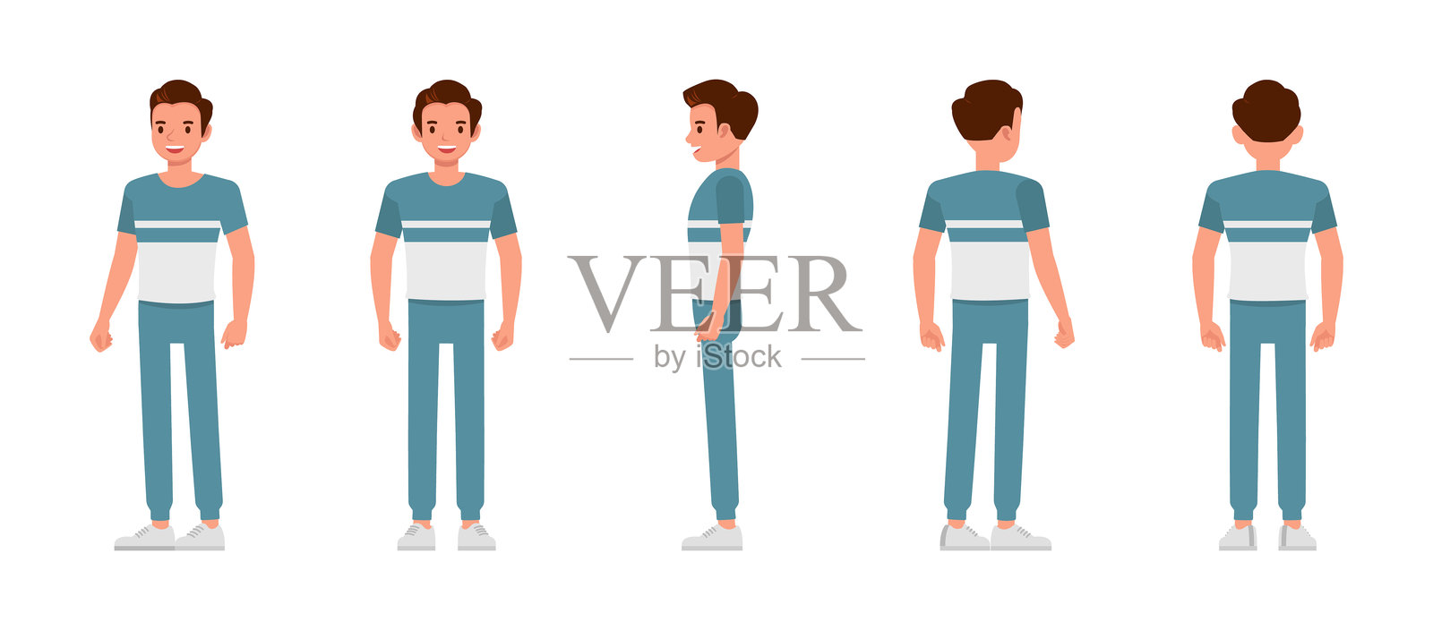 一组男性正面、侧面和背面穿着蓝白色T恤的角色矢量插图设计。展示多种动作。插画图片素材