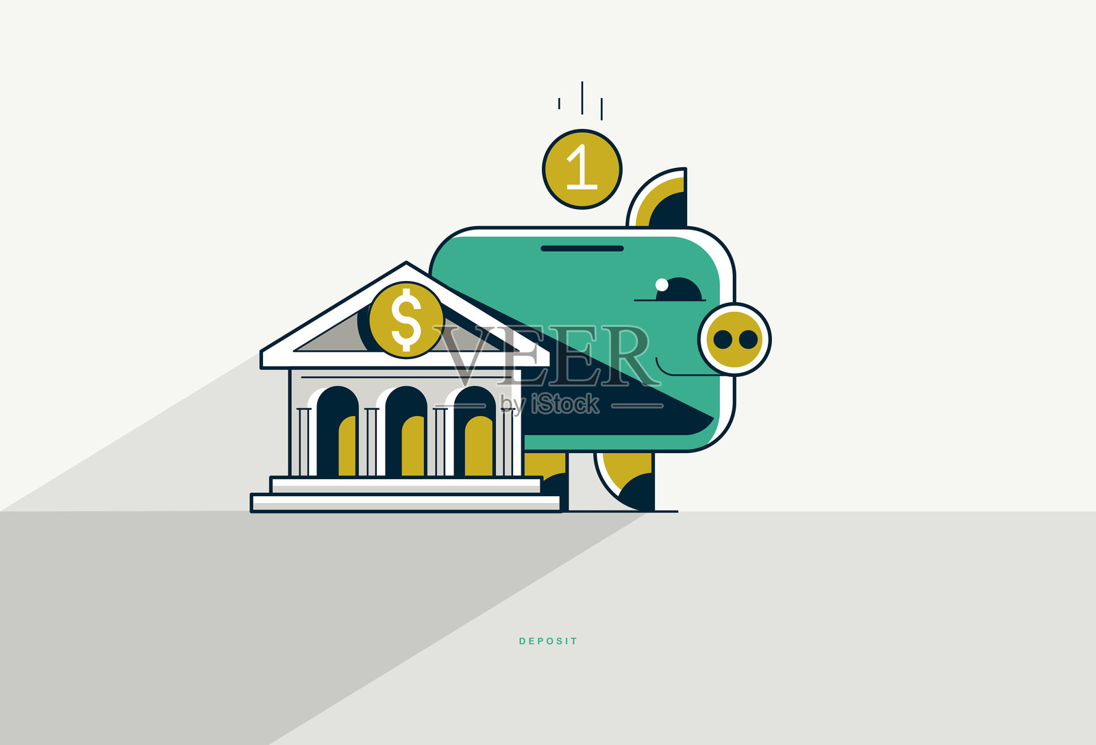 银行存款概念，银行建筑与储蓄罐的矢量图标风格插图，银行与储蓄罐的对比，储蓄隐喻，选择在家存钱还是在银行。插画图片素材