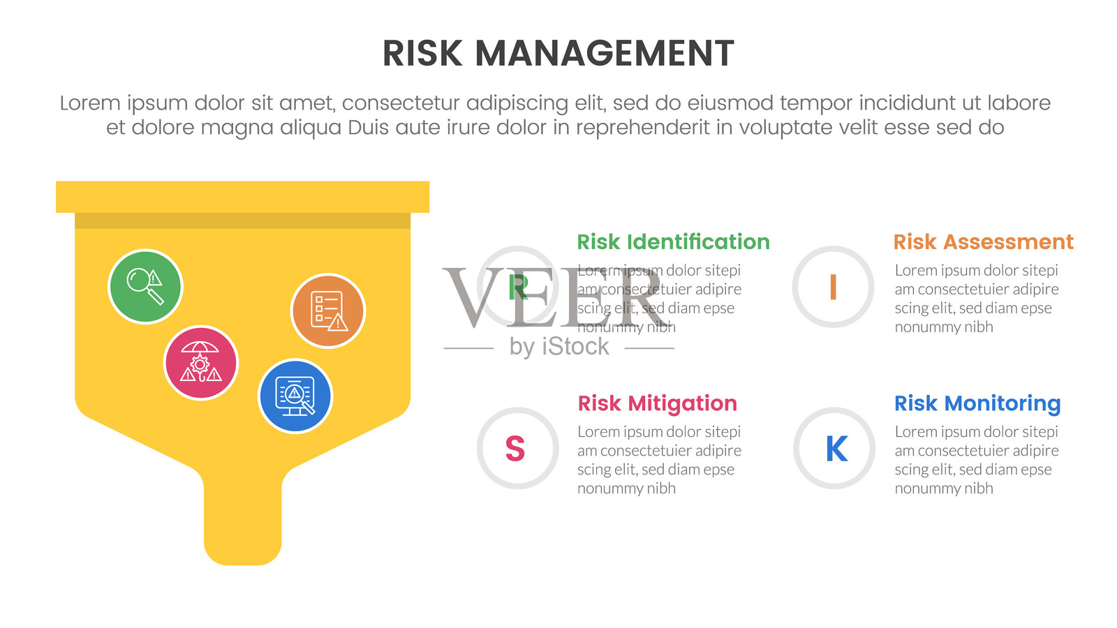 风险管理信息图，包含四个阶段的模板，带有粗体漏斗框，用于幻灯片演示。插画图片素材