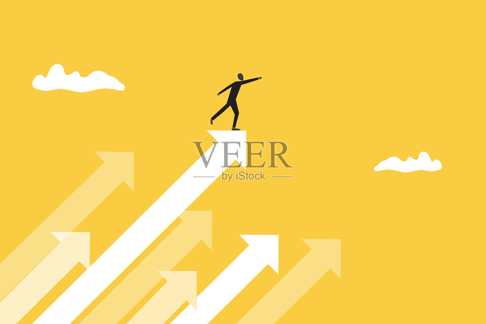 商人指向天空中的箭头，象征着下一个目标。向前发展、商业增长、雄心壮志和激励的概念。插画图片素材