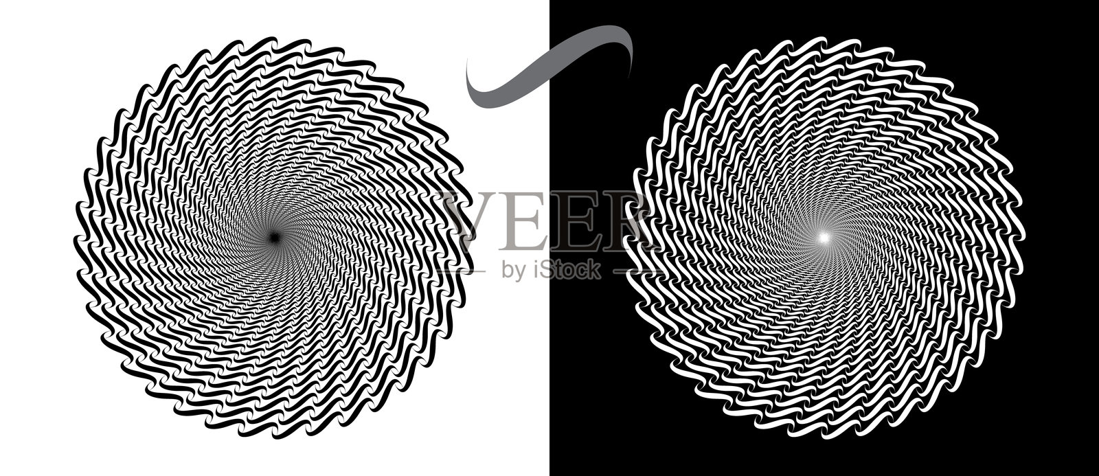 现代抽象背景。圆形波浪。螺旋标志或图标，设计元素。黑色形状在白色背景上，以及相同的白色形状在黑色背景上。插画图片素材