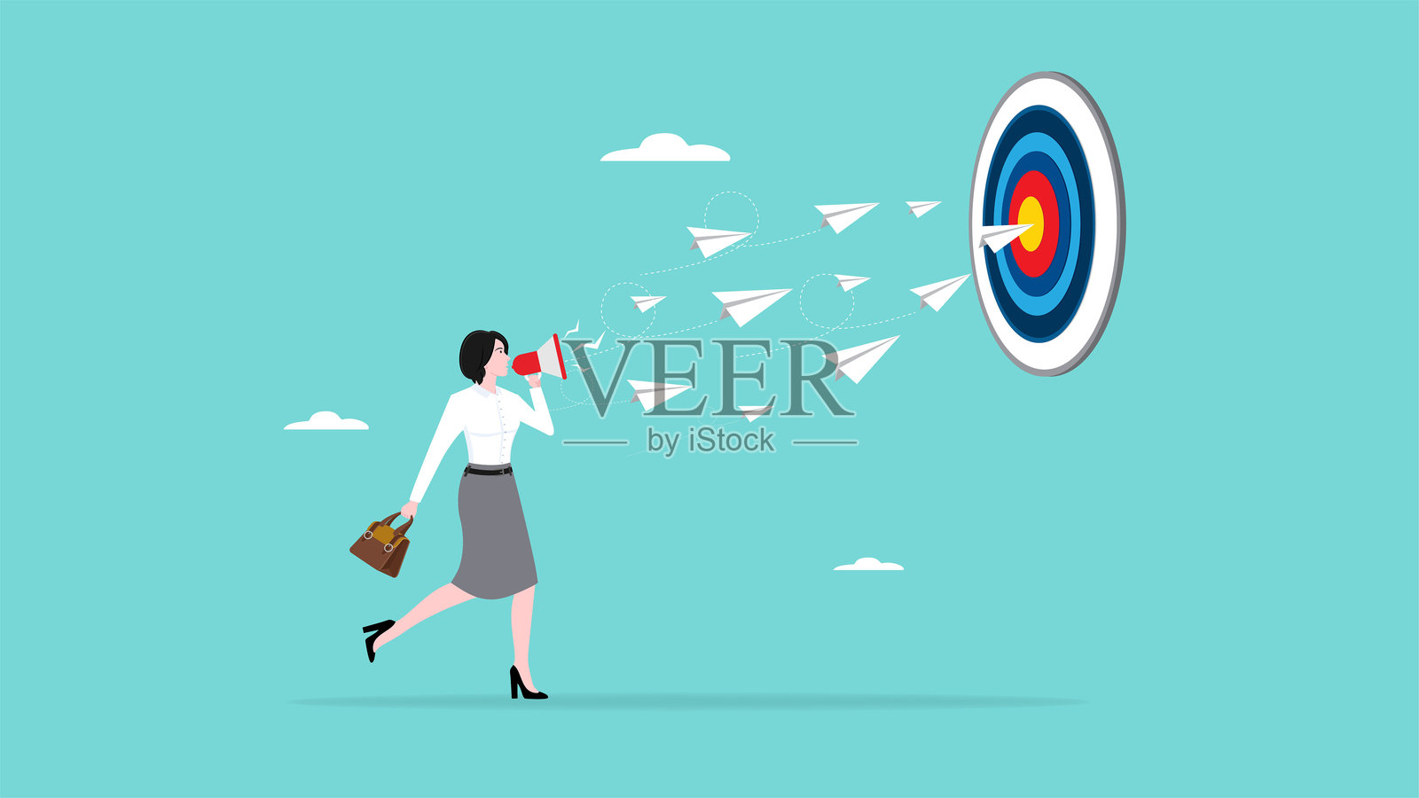 商业营销目标策略，技能或知识以实现目标或商业成功，女性使用扩音器控制纸飞机的方向以达到商业目标或成就插画图片素材