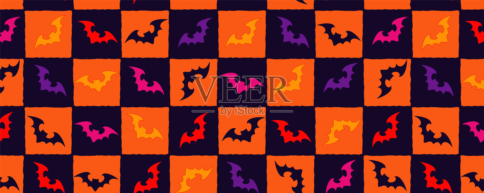 复古万圣节棋盘无缝图案，带有橙色、红色和紫色的蝙蝠图标。适合节日包装、剪贴簿纸张、印刷、网页和万圣节纺织品印刷的有趣而生动的无缝设计。插画图片素材