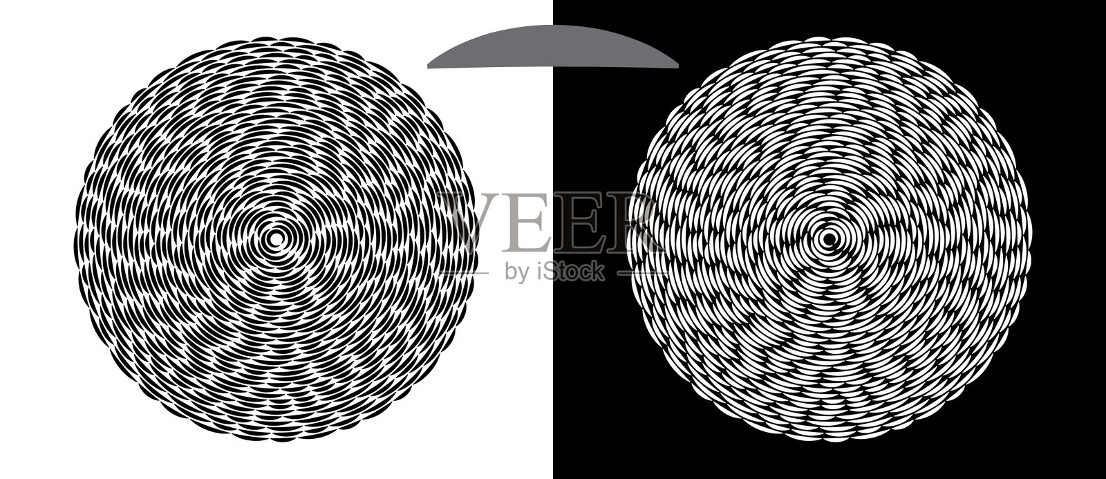 现代抽象背景。圆形波浪。螺旋标志或图标，设计元素。黑色形状在白色背景上，以及相同的白色形状在黑色背景上。插画图片素材