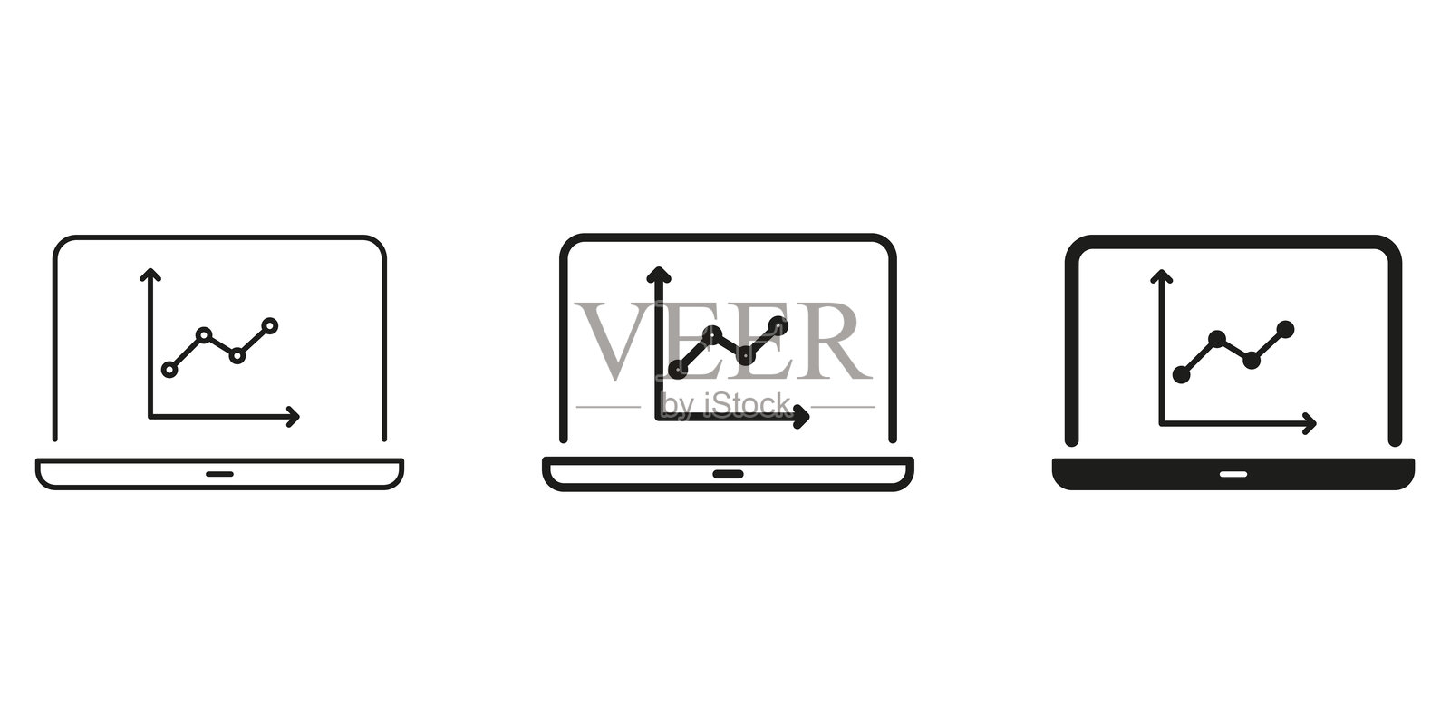 带有图形线条和实心图标集的笔记本电脑。数据分析、商业分析和绩效跟踪符号集合。财务增长和市场趋势。孤立的矢量插图。插画图片素材