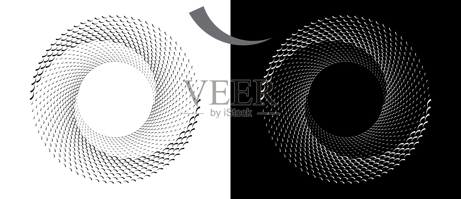 现代抽象背景。圆形波浪。螺旋标志或图标，设计元素。黑色形状在白色背景上，以及相同的白色形状在黑色背景上。插画图片素材