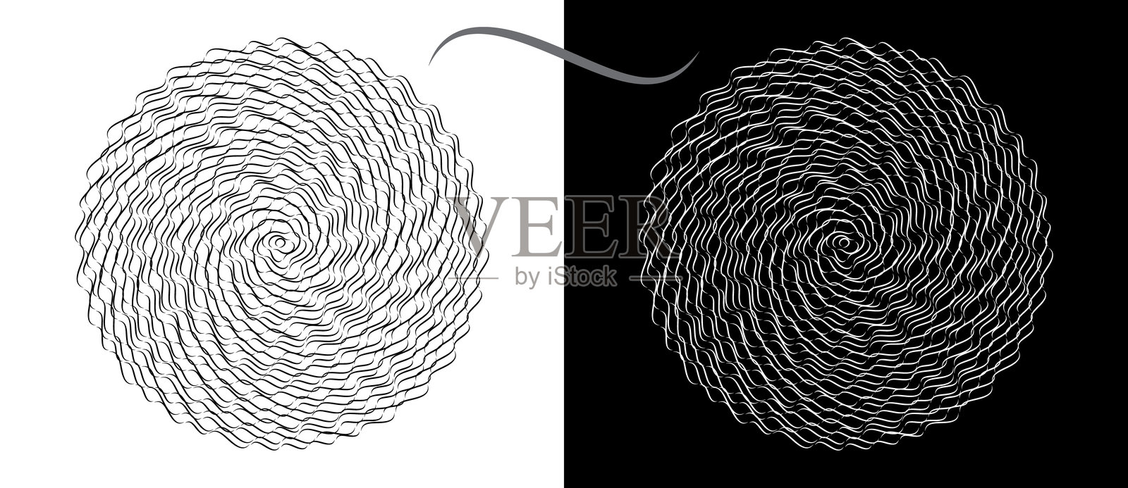 现代抽象背景。圆形波浪。螺旋标志或图标，设计元素。黑色形状在白色背景上，以及相同的白色形状在黑色背景上。插画图片素材