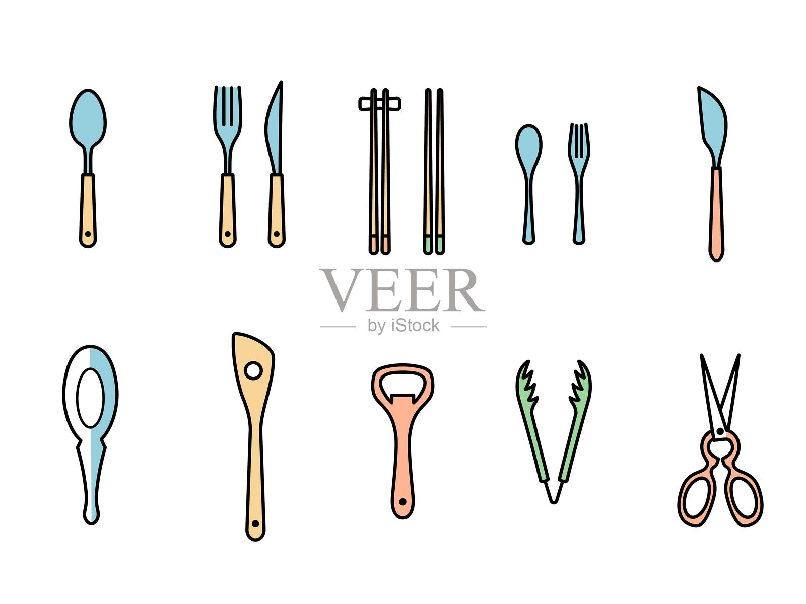 白色背景上的彩色线条图标：餐具和厨房用具 | 勺子、叉子、刀、筷子、铲子、剪刀、夹子、开瓶器插画图片素材