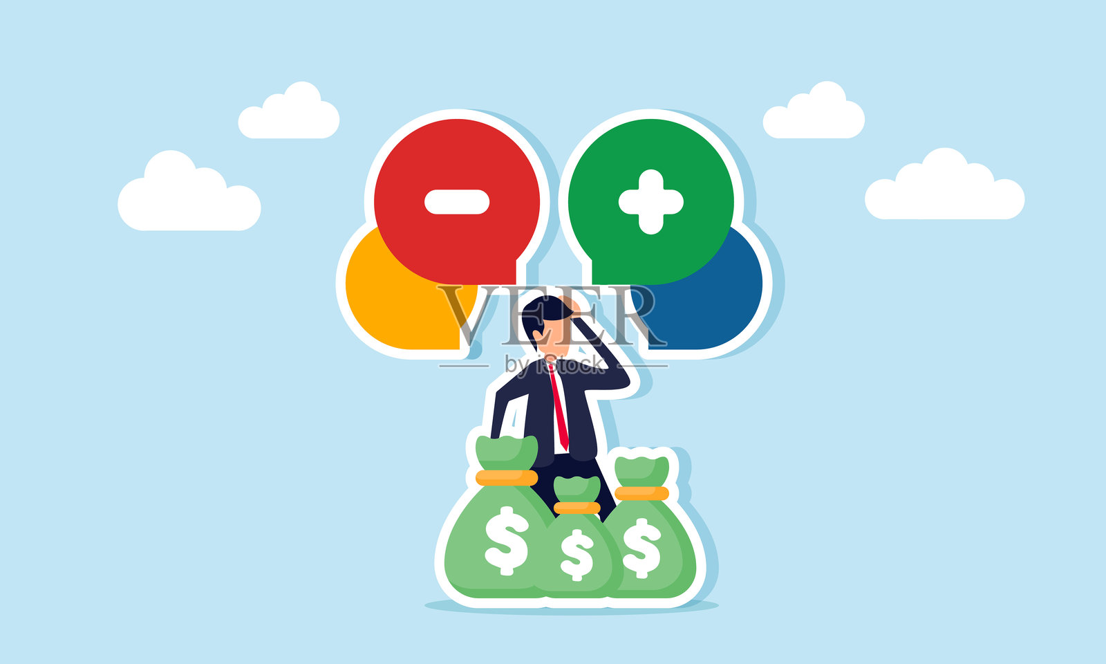 一位手握钱袋的商人显得困惑，旁边有加号和减号聊天图标，象征着在选择正确的商业投资时对风险计算的不确定性。插画图片素材