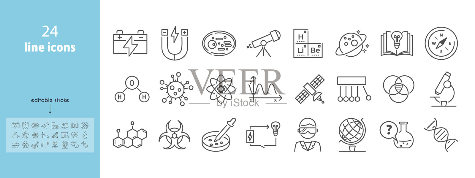 化学和科学视觉的图标集。包含研究、科学家和教育符号。实验室元素以可编辑的轮廓线条展示。矢量插图。插画图片素材