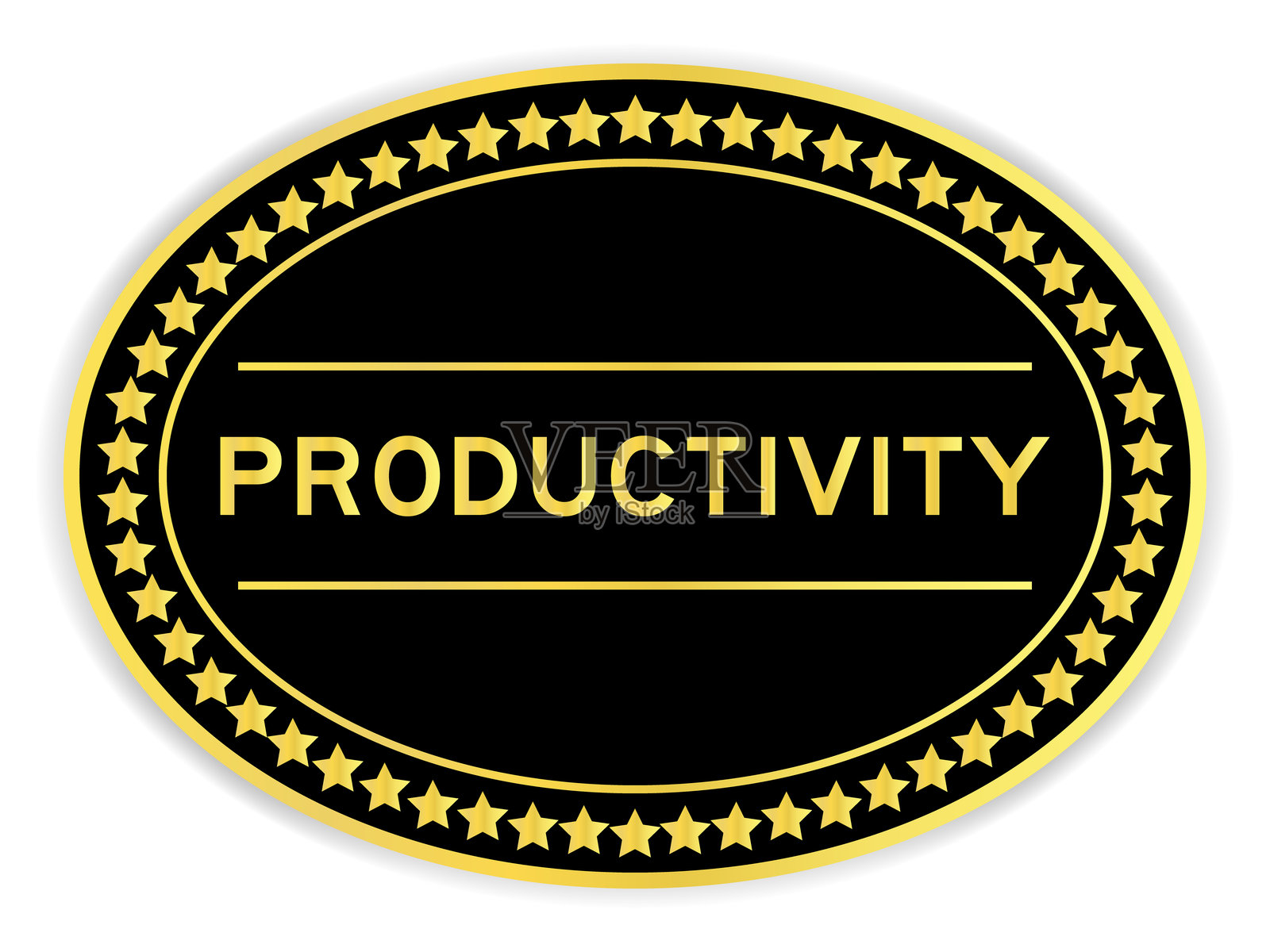 黑色和金色椭圆形标签贴纸，上面写着“生产力”，背景为白色。插画图片素材