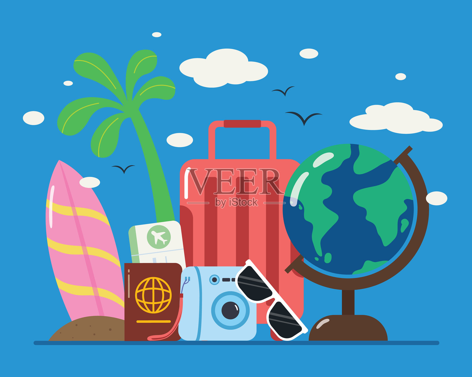 旅行箱和海滩，夏季假期概念。旅游横幅设计。插画图片素材