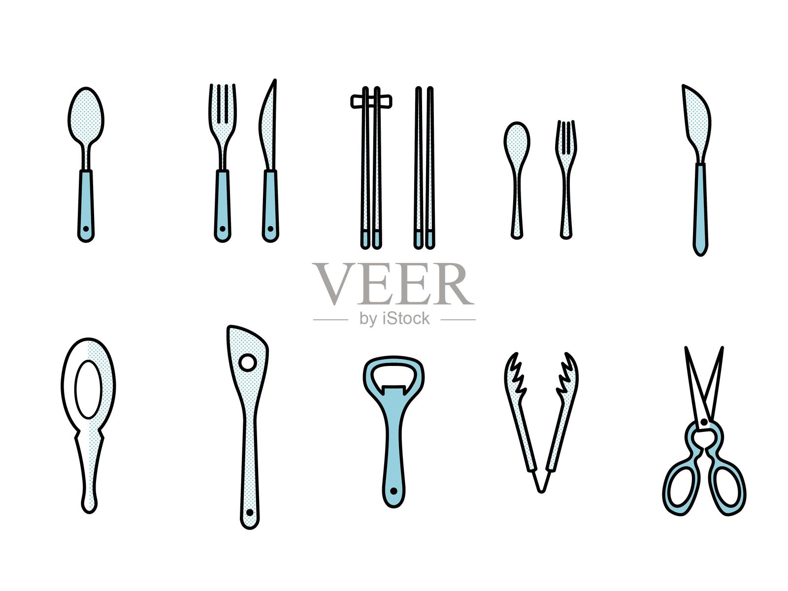 白色背景上的蓝色半色调风格餐具和厨房用具图标 | 勺子、叉子、刀、筷子、剪刀、夹子、开瓶器、铲子插画图片素材