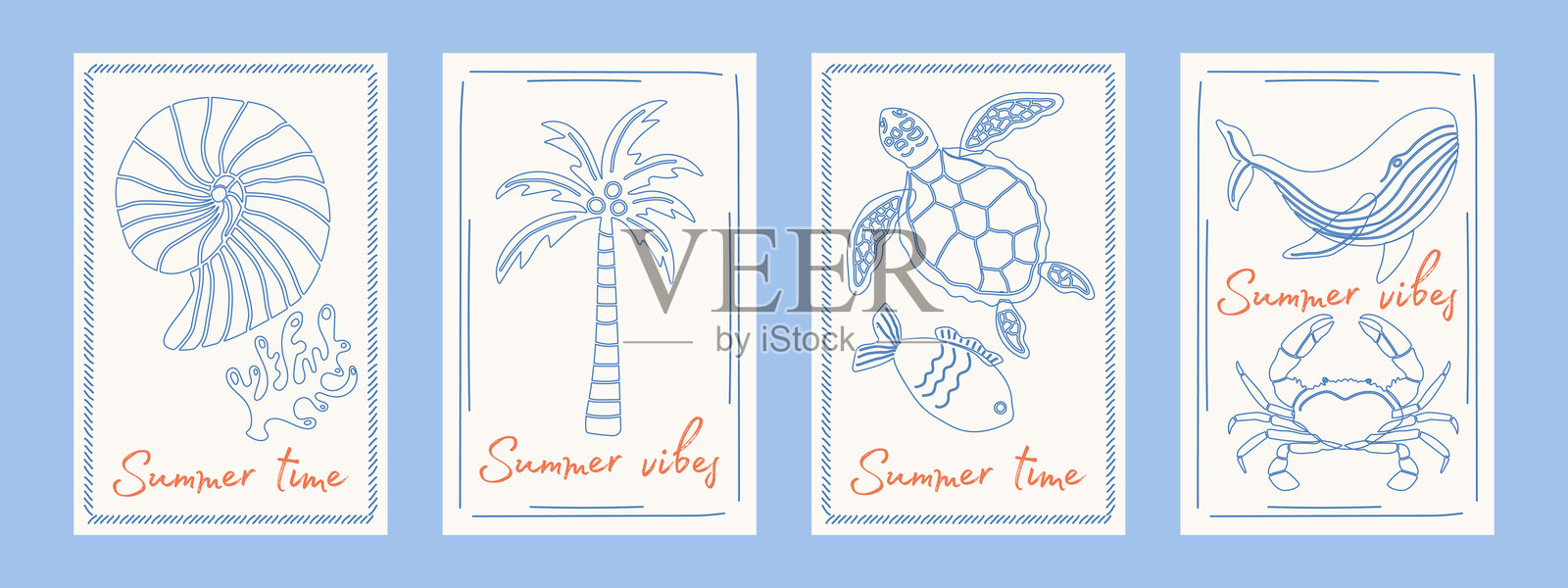一组时尚的手绘海洋风格海报。复古明信片上有棕榈树、贝壳、鲸鱼、螃蟹和海龟。插画图片素材