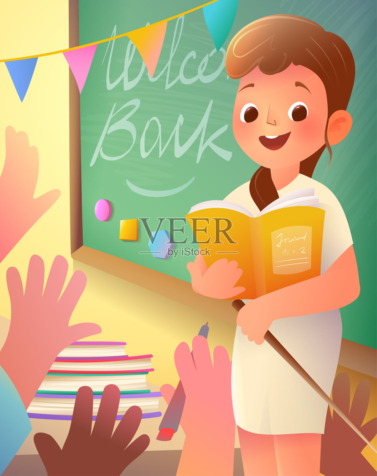 回到学校的举手课堂与老师插画图片素材