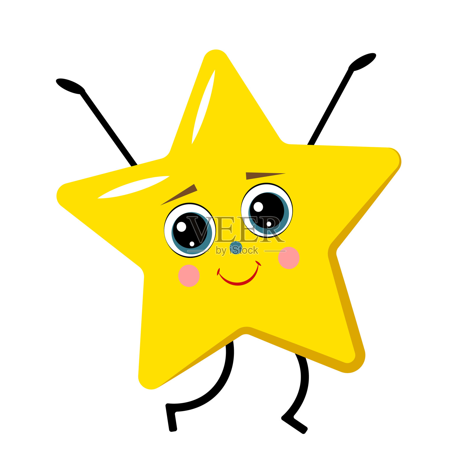 白色背景上的黄色星星，带有面孔、手臂和腿。插画图片素材