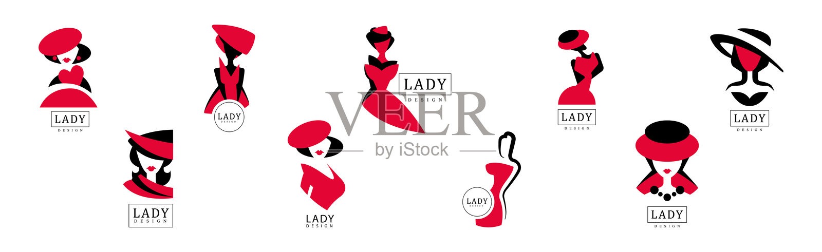 黑红色女士标志和标签设计矢量套件插画图片素材