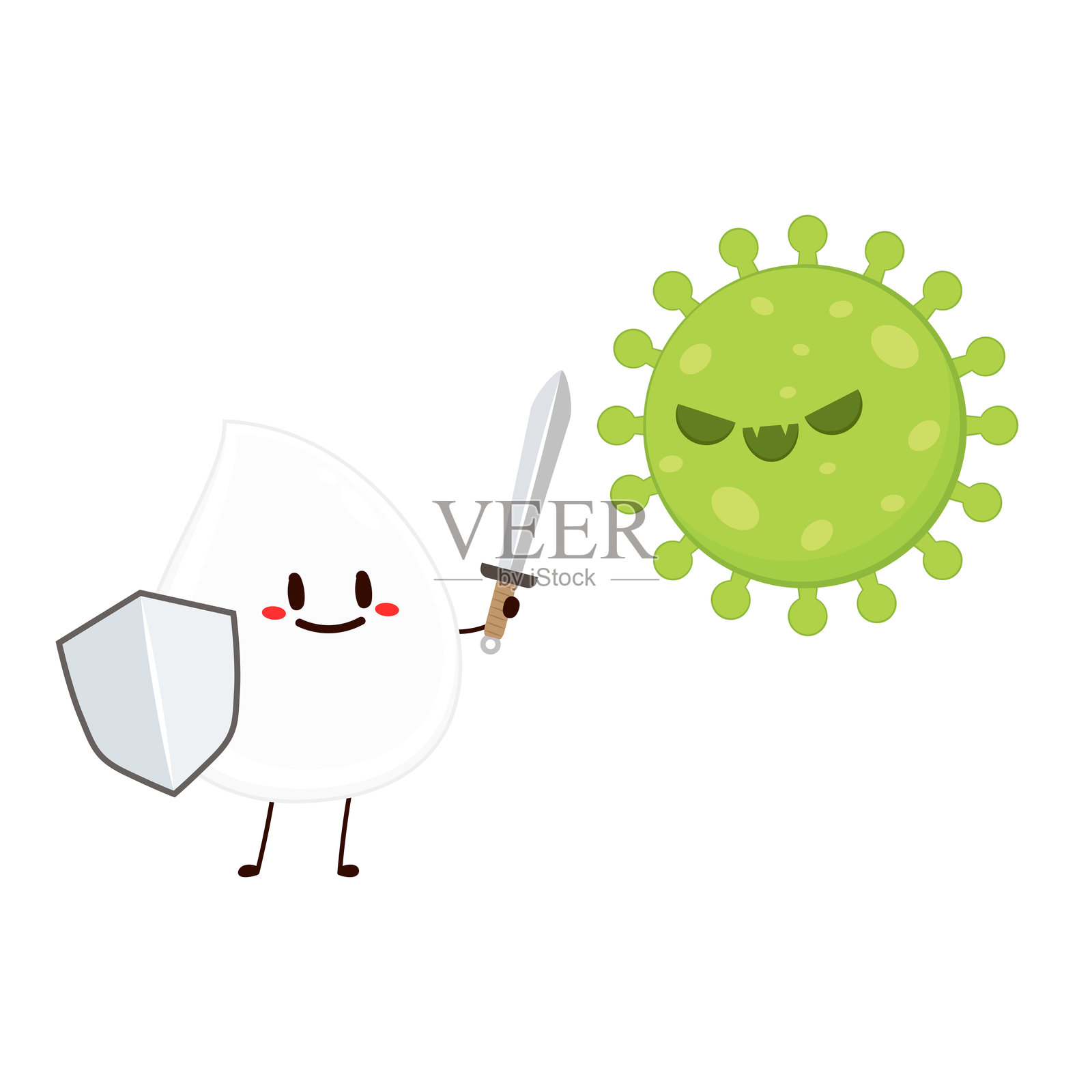 卡通冠状病毒。细菌角色矢量图。新冠病毒。白血球和细菌角色设计。白色背景上的白血球。插画图片素材