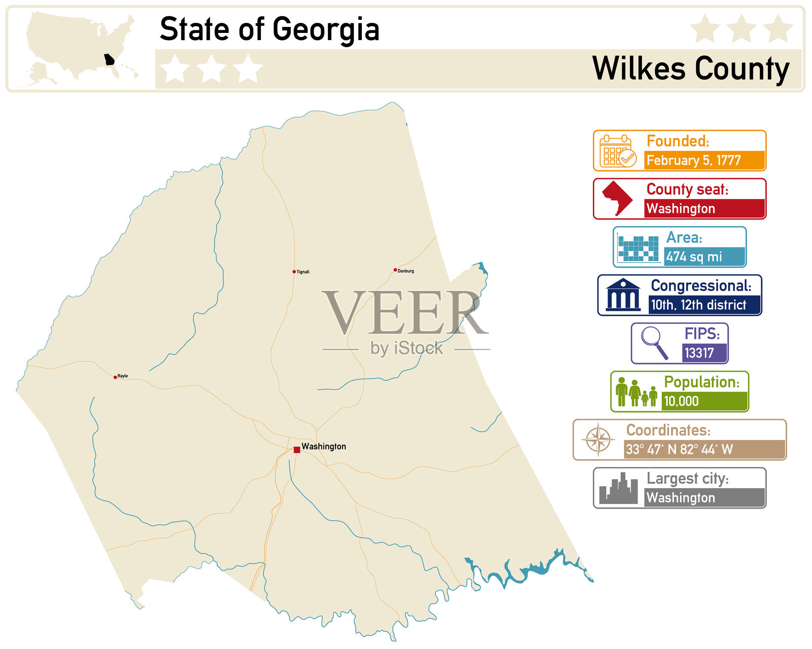 乔治亚州威尔克斯县的详细信息图和地图。插画图片素材